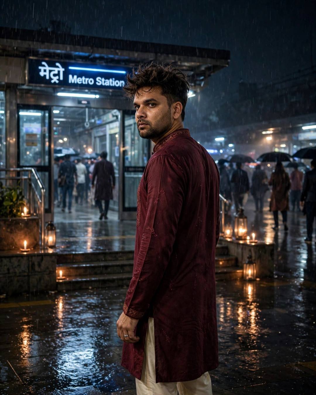 Young Indian man in maroon kurta looking over his shoulder at a midnight metro station in rain