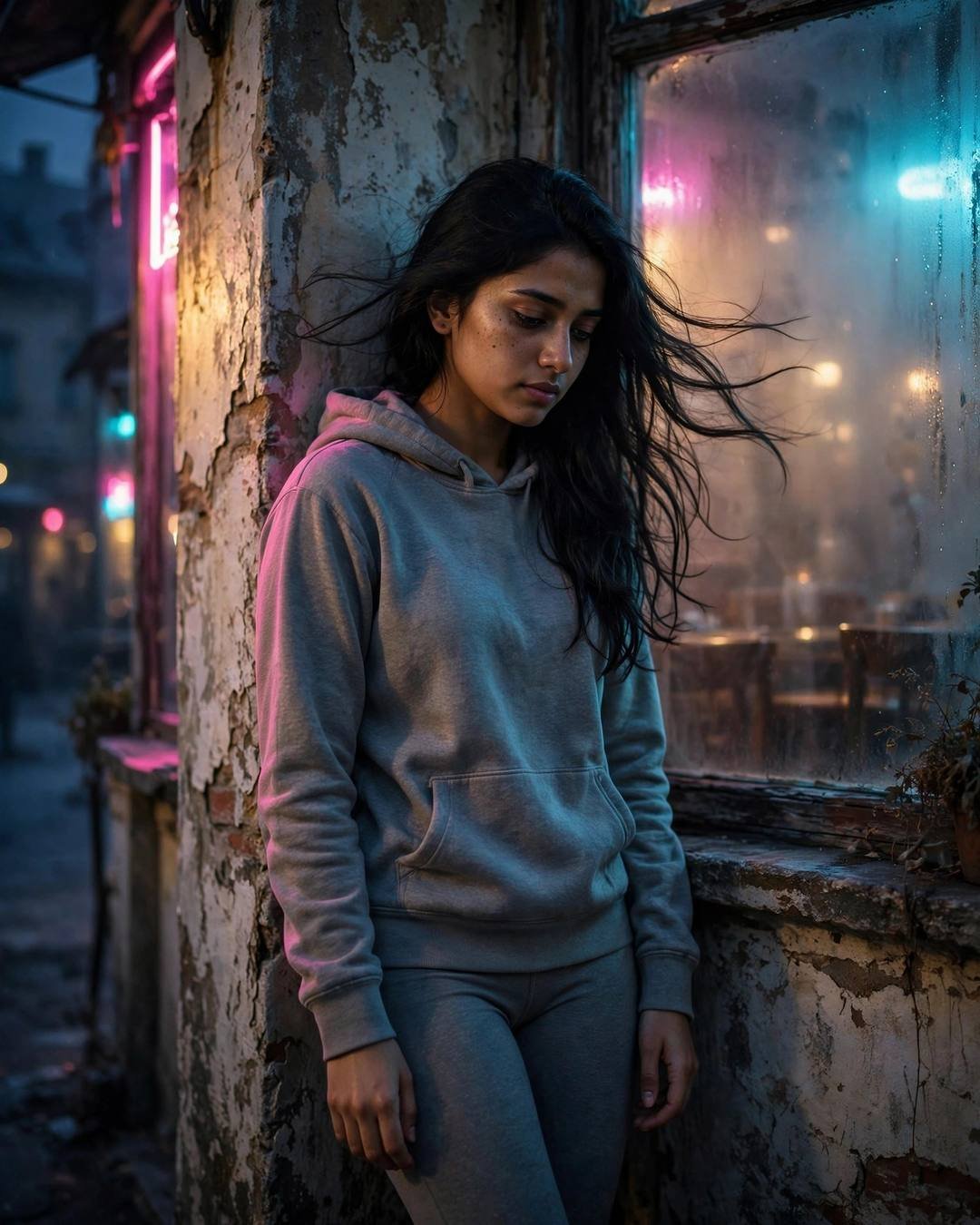 Young Indian woman in grey hoodie leaning against a weathered wall by a neon-lit cafe window at night