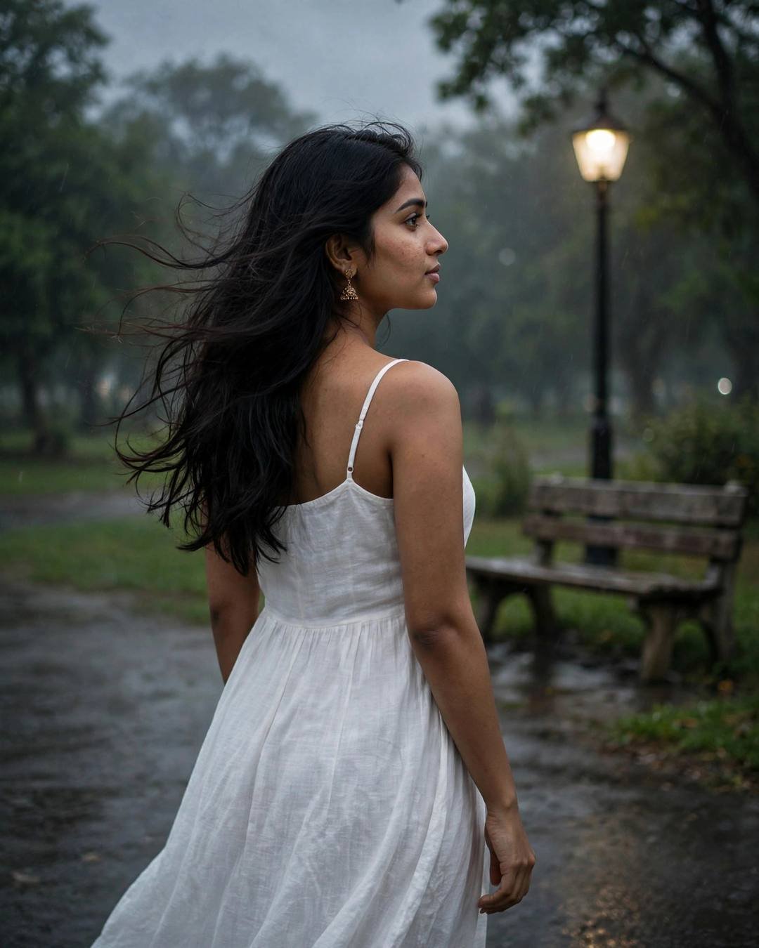 Young Indian woman in a white summer dress looking over her shoulder at a park bench under a lone lamp