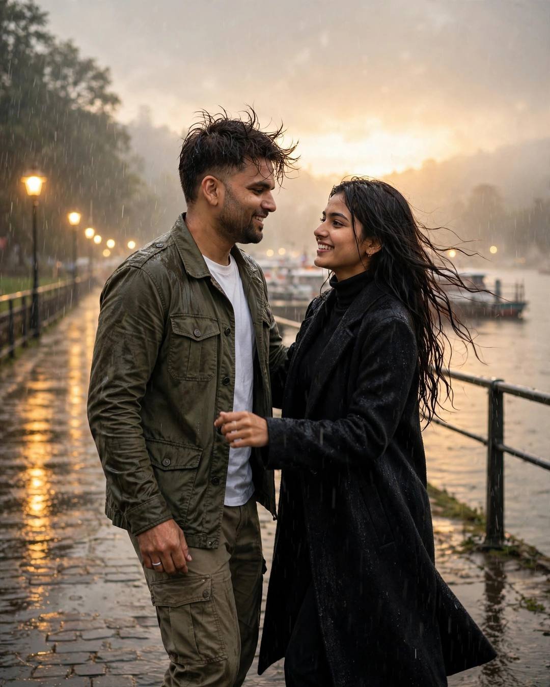 Couple dancing slowly in monsoon rain under streetlights by a lake pier — olive field jacket and long black coat