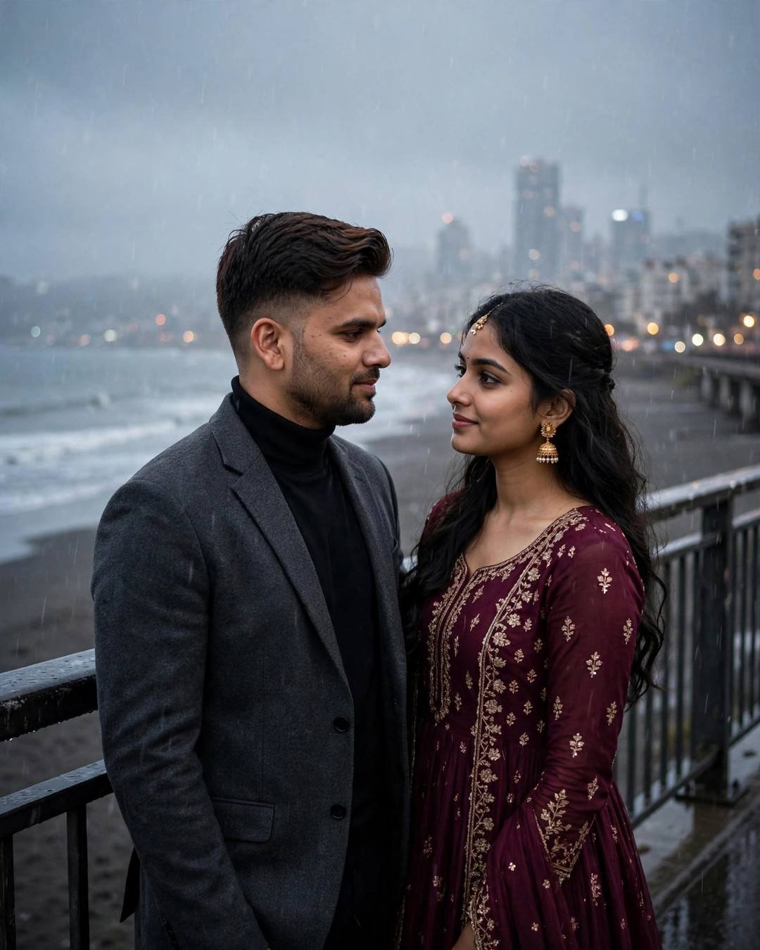 Couple standing close on a bridge above a grey beach at dusk — charcoal blazer and maroon anarkali