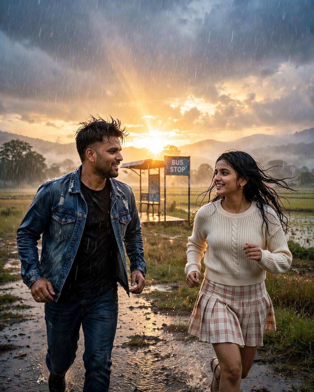 Couple running toward each other through monsoon rain by a bus stop at golden hour