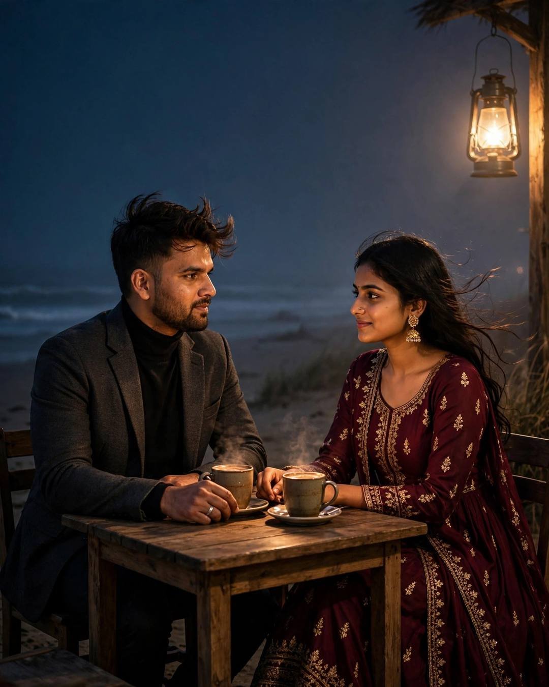 Couple across a small cafe table on a beach at night, hands almost touching over steaming cups, lantern glowing