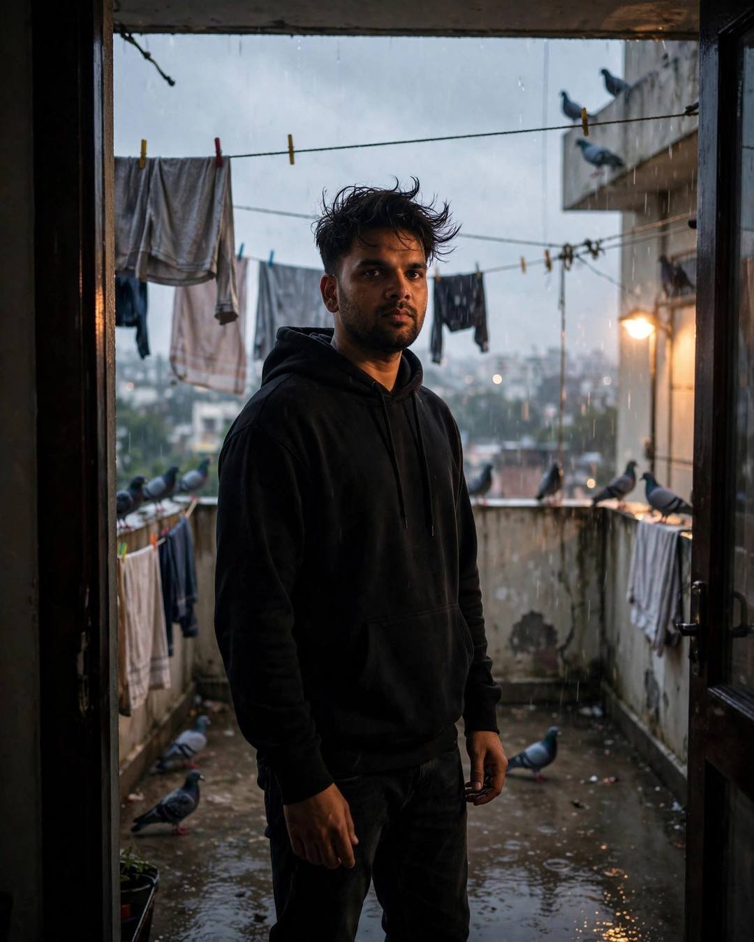 Young Indian man in black hoodie in a doorway overlooking a terrace with pigeons and drying clothes in drizzle