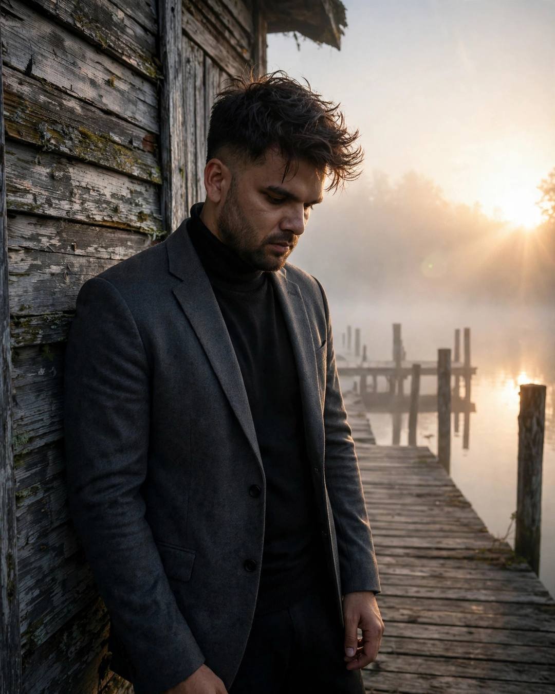 Young Indian man in charcoal blazer leaning against a weathered wall in fog at midnight