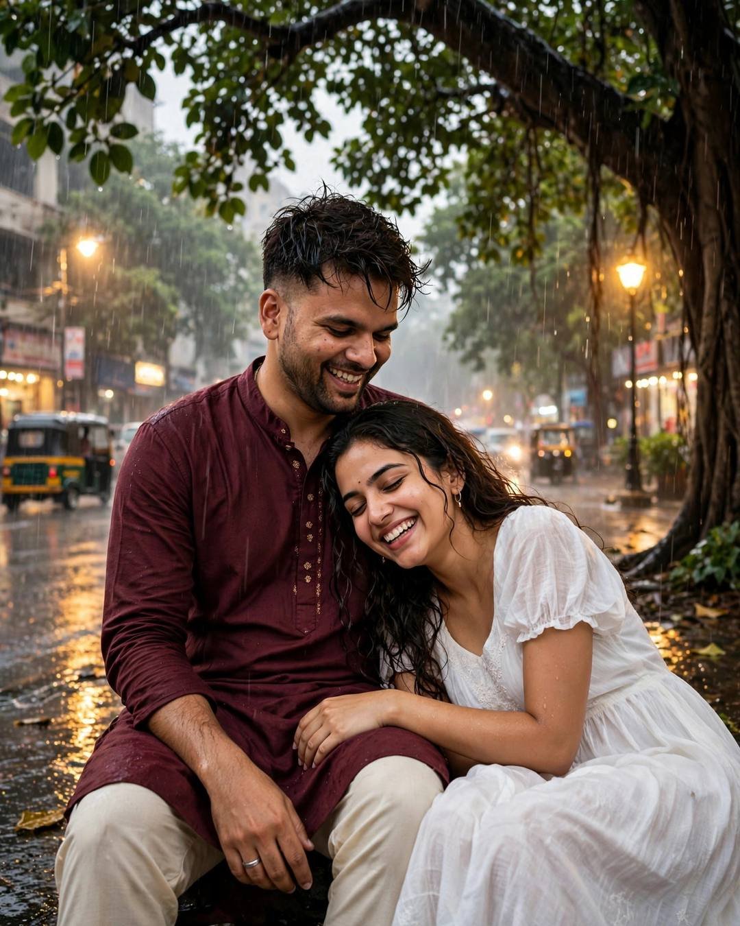 Couple laughing under a tree in monsoon rain on a rain-soaked city street at golden hour, man in maroon kurta, woman in white summer dress