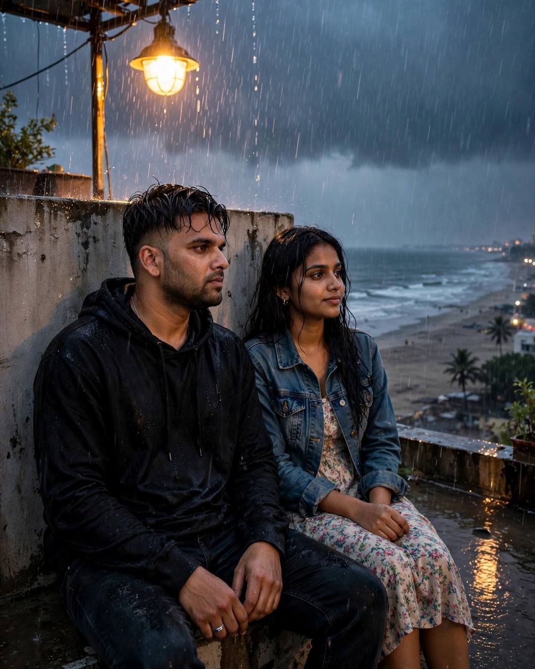 Couple sitting against a rooftop parapet in heavy rain above a beach at dusk, black hoodie, denim jacket, floral dress, sodium lamp glowing