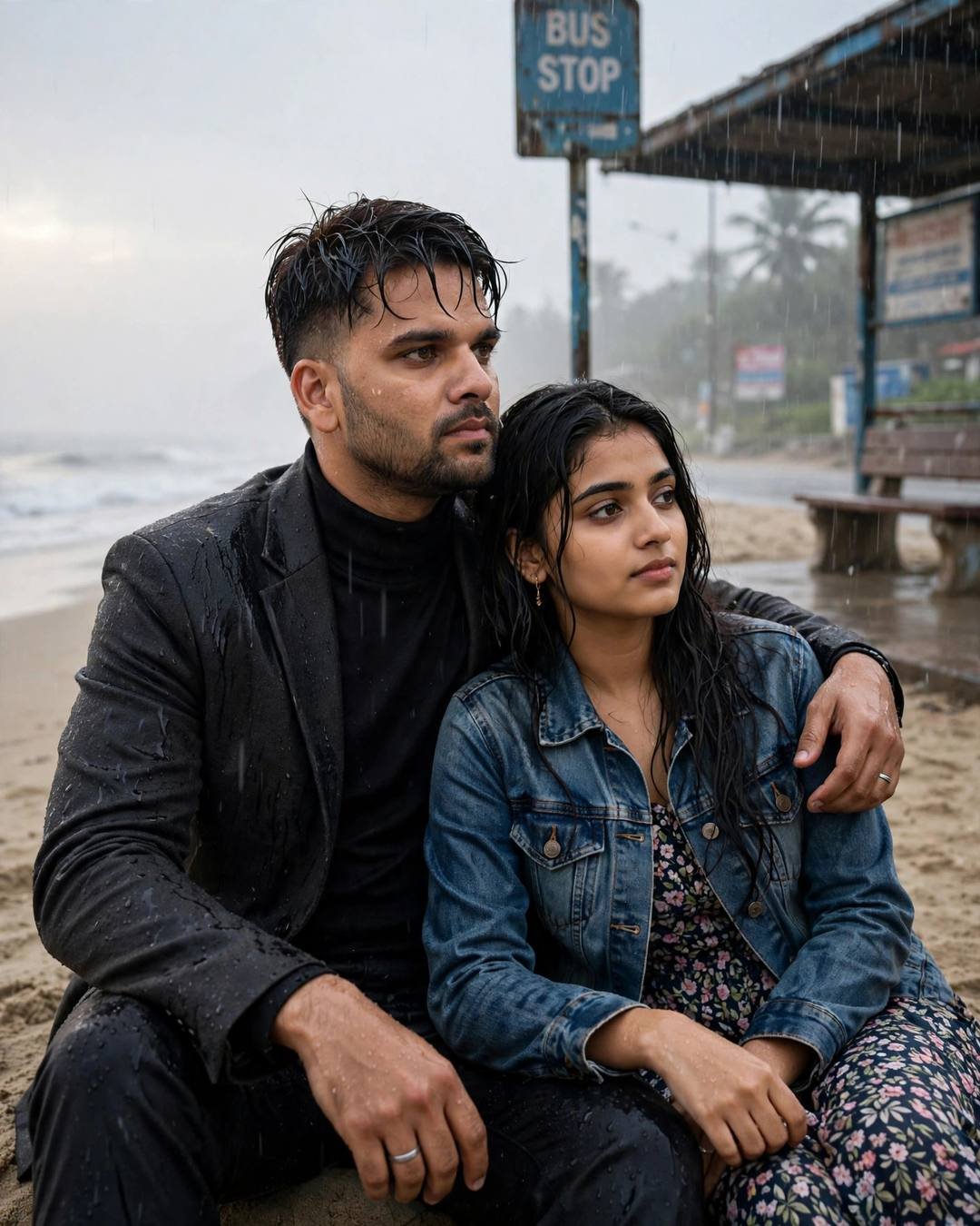 Couple sitting on a rainy beach with his arm around her, charcoal blazer, denim jacket, floral dress, bus stop sign behind
