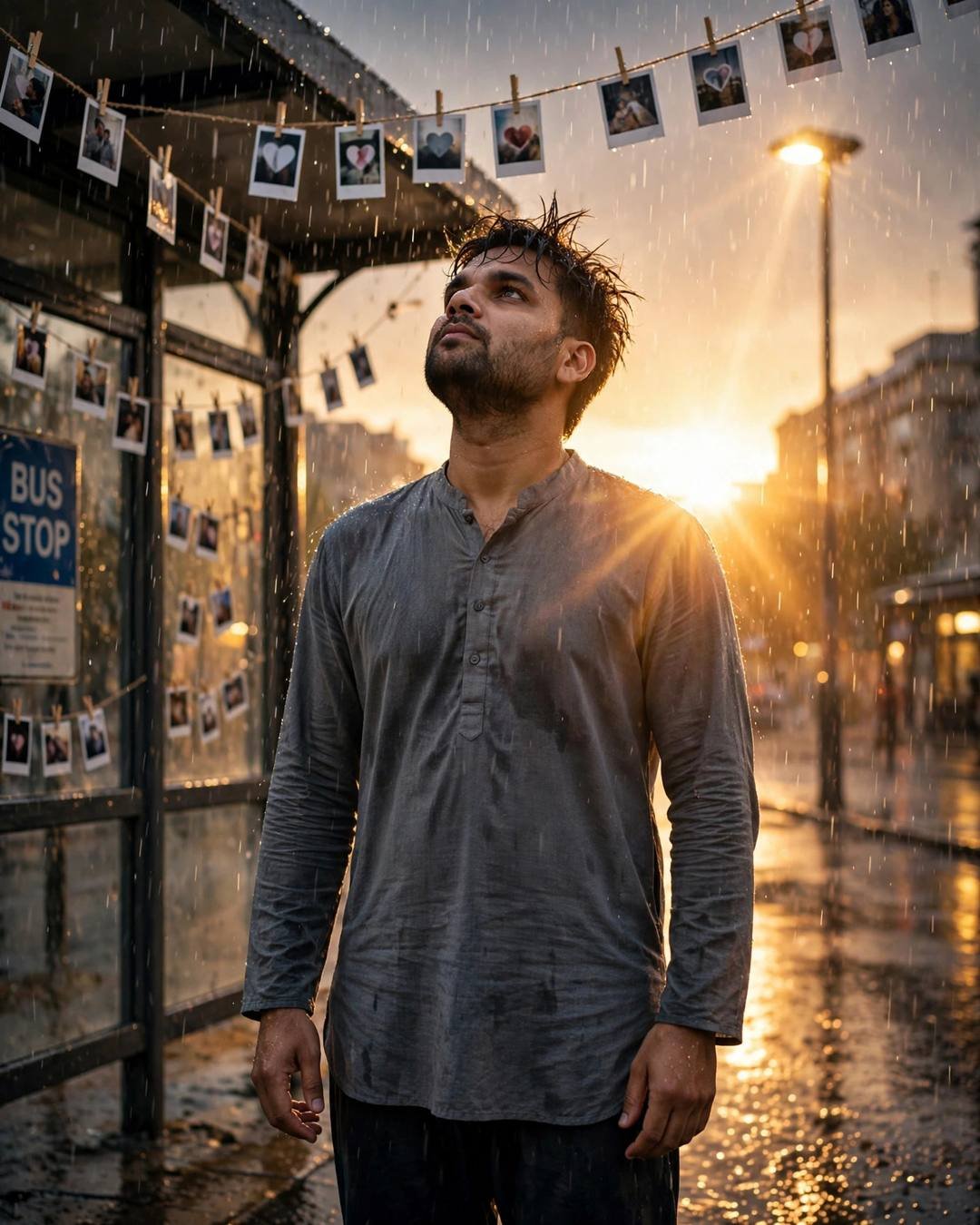 Man in a grey kurta standing under a streetlamp in golden-hour rain with his face lifted to the sky, polaroid photos strung on lines around him