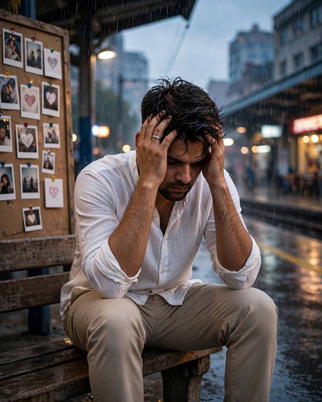 Man in white linen shirt sitting on a station bench in the rain with his head in his hands, corkboard of polaroid photos beside him
