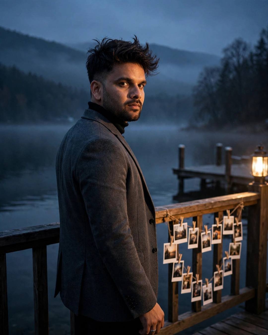 Man in a charcoal blazer on a misty lake pier at dawn, looking back over his shoulder, polaroid photos hanging on the railing