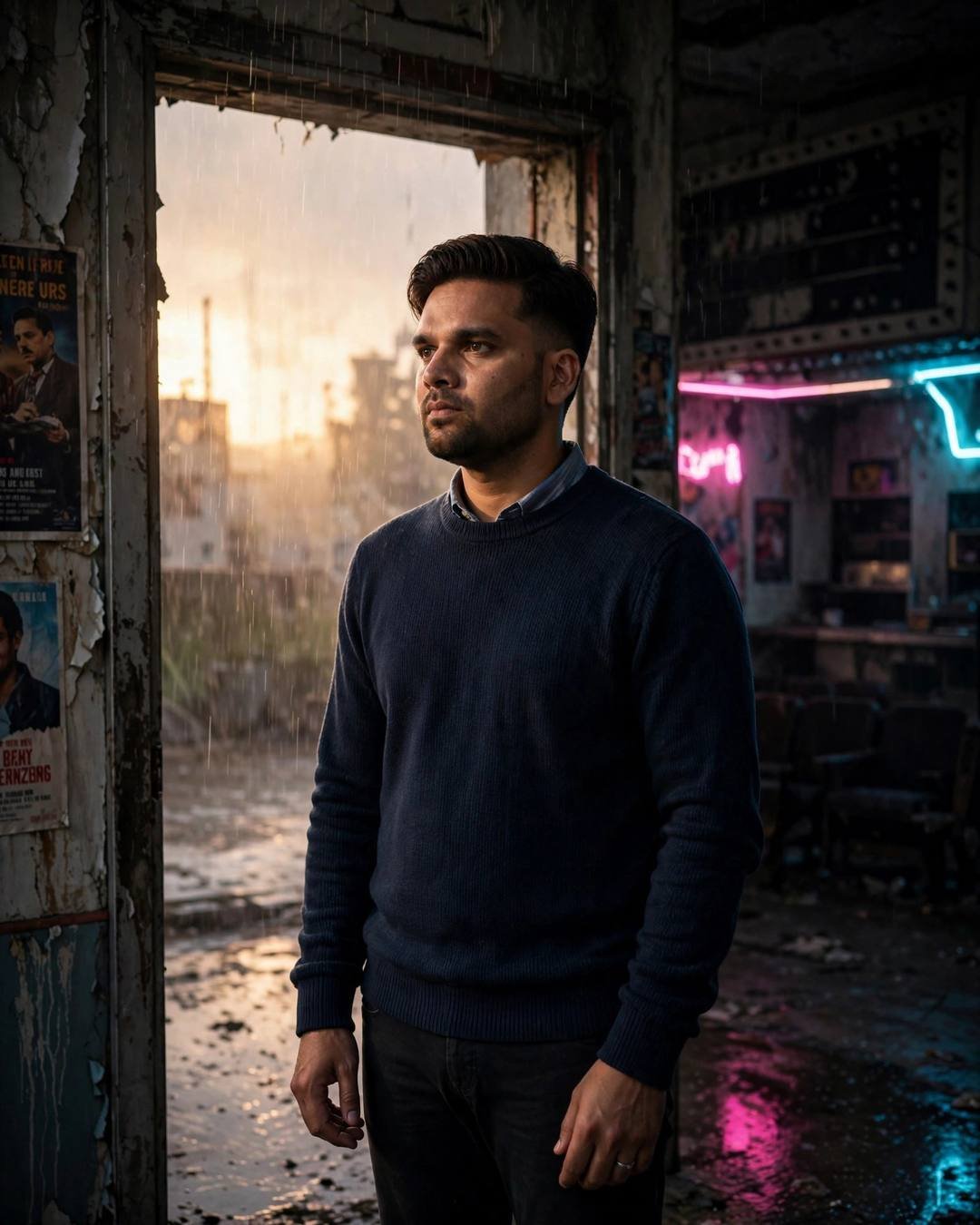 Young Indian man in navy sweater standing half in shadow in an abandoned cinema doorway, neon lights in rain