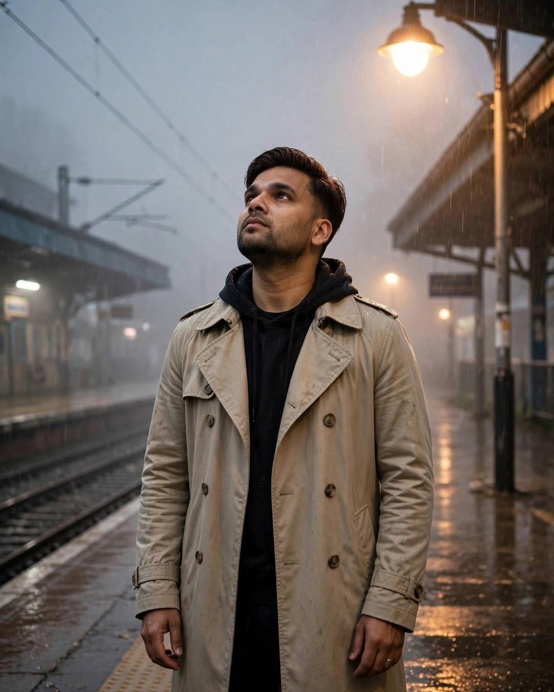 Young Indian man in beige trench coat under a streetlamp in the rain at night, face lifted to the sky