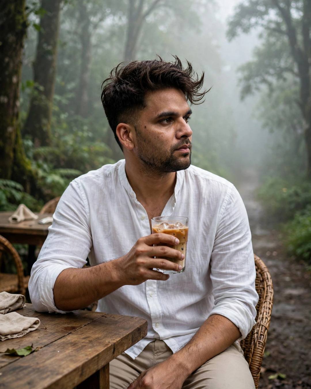 Young Indian man in white linen shirt sitting at a cafe table in a misty forest, cradling a cold coffee