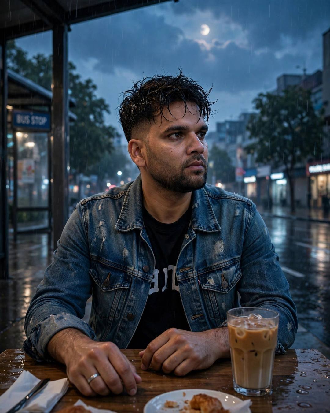 Man in a distressed denim jacket cradling a cold coffee at a bus stop at night, moonlit rainy street behind