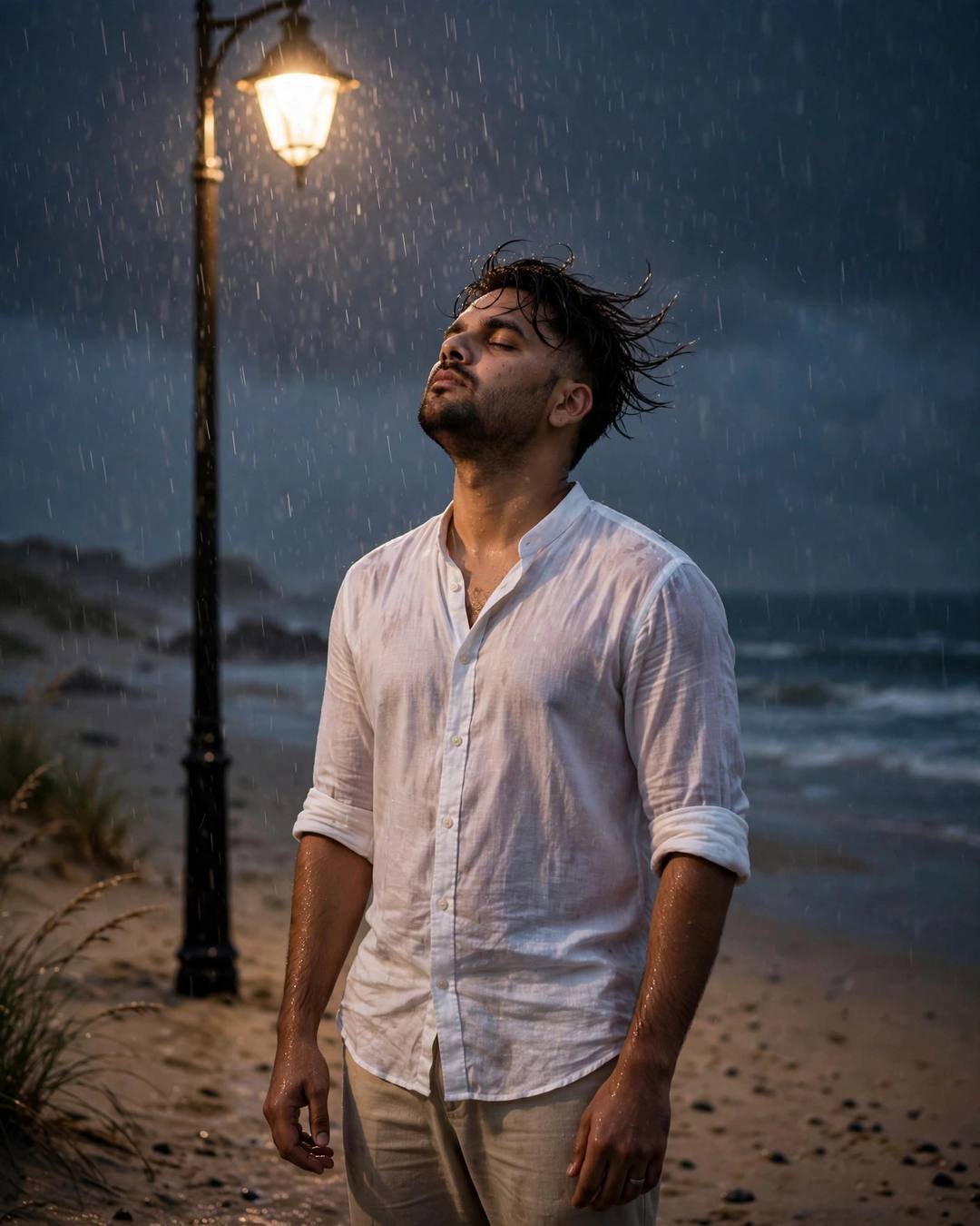 Man in a white linen shirt standing under a streetlamp on a deserted beach at dusk, face lifted to the rain, dark sea behind