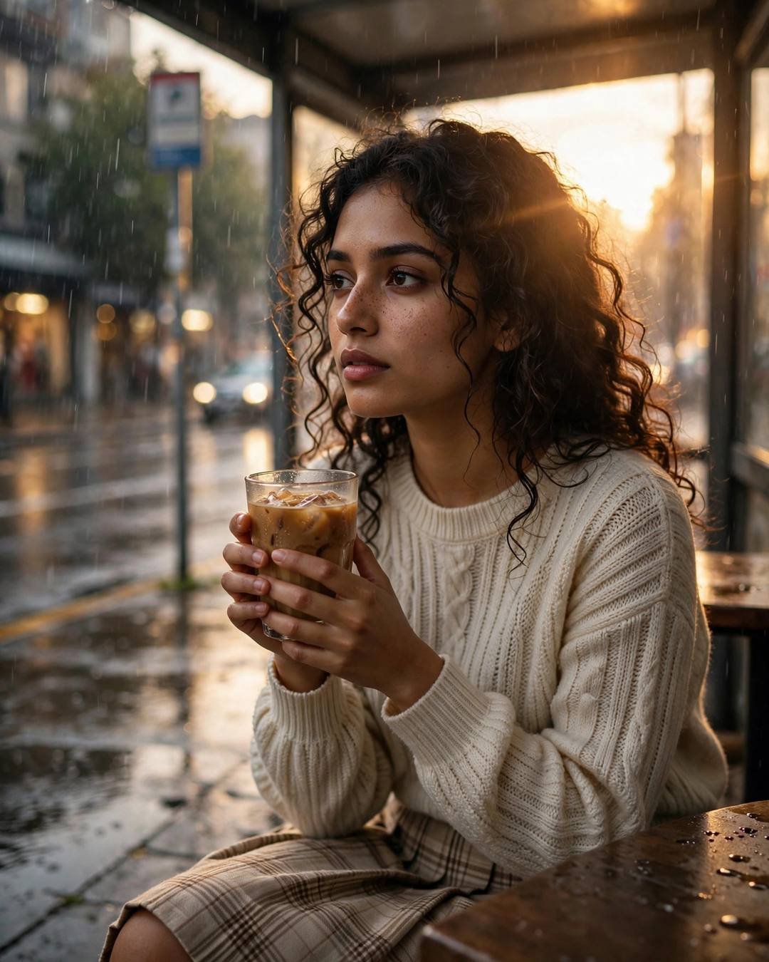 Young Indian woman in a cream knit top and plaid skirt cradling a cold coffee at a rainy bus stop, golden-hour backlight flaring