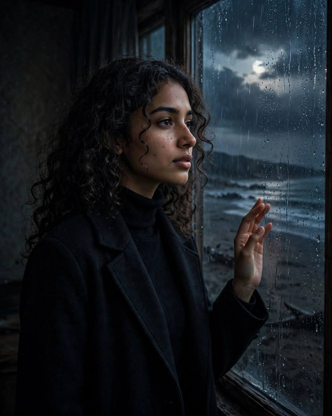 Young Indian woman in a black turtleneck and long coat at a rain-streaked window over a deserted beach at dusk, dark curls, moonlight