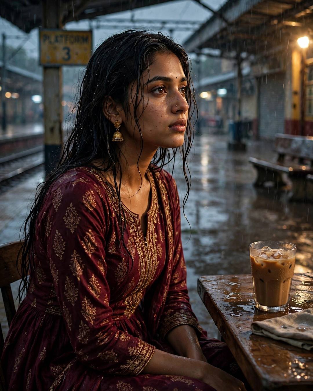 Young Indian woman in a maroon anarkali with jhumkas sitting at a table on an empty railway platform at night, cold coffee, rain, fairy lights