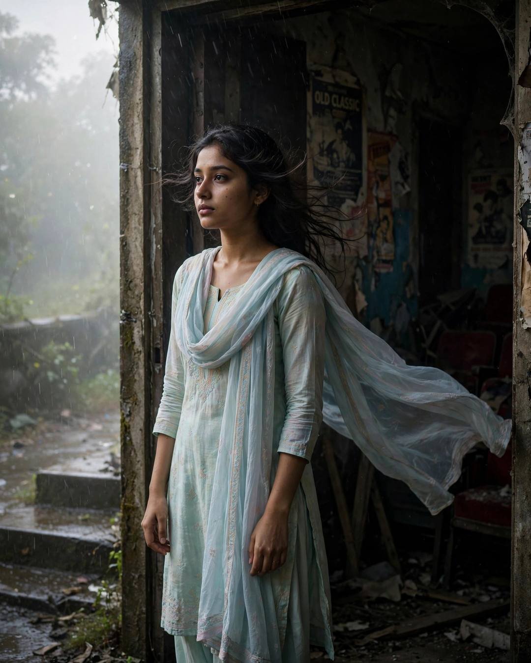 Young Indian woman in a pastel salwar-kameez with dupatta standing in the doorway of an abandoned cinema hall at dawn, light rain, fog