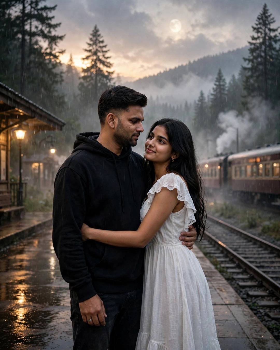 Young Indian couple hugging on a misty mountain railway platform with a waiting train, man in black hoodie, woman in white dress