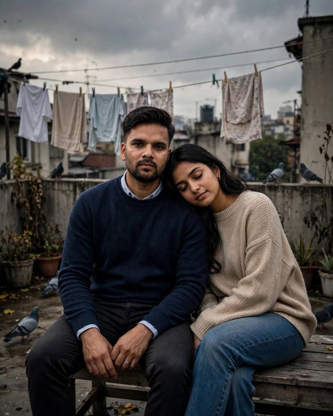 Young Indian couple sitting on a rooftop terrace bench, her head on his shoulder, drying clothes lines and pigeons behind