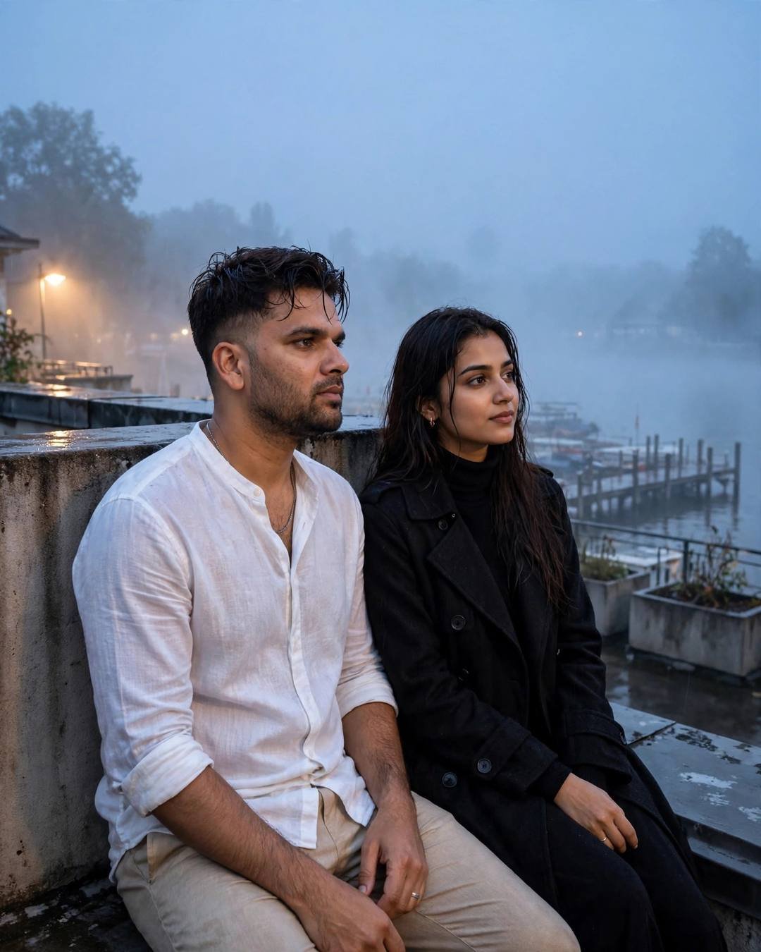 Young Indian couple sitting on a rooftop ledge by a foggy lake pier at blue hour, sodium lamps glowing