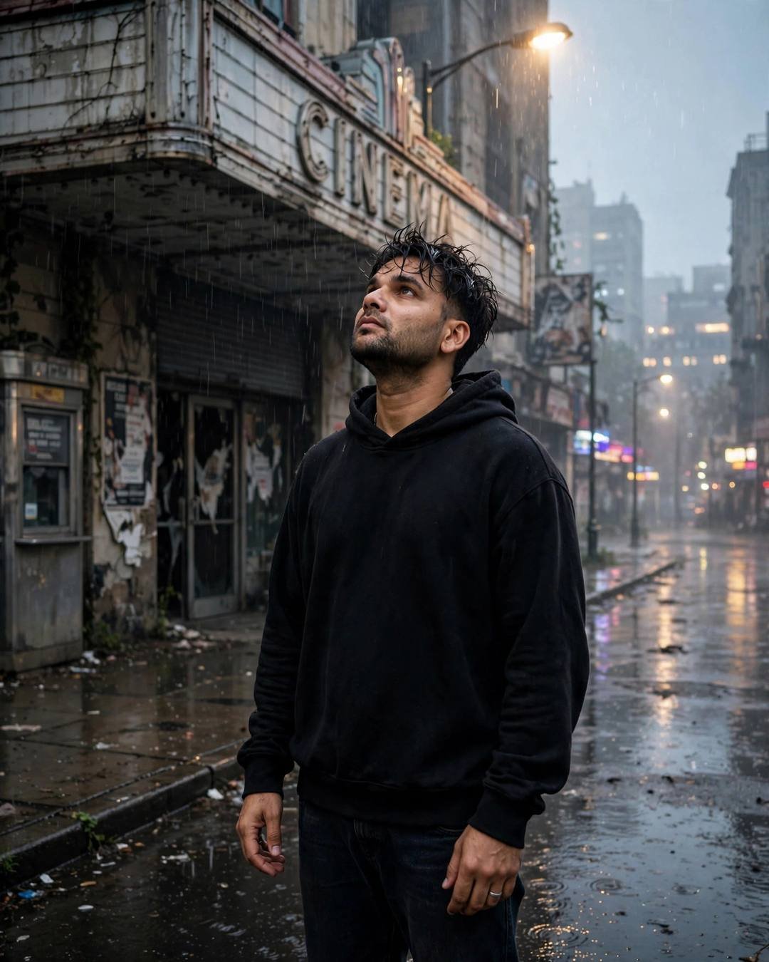 Young Indian man in a black hoodie standing under a streetlamp in the rain, face lifted to the sky