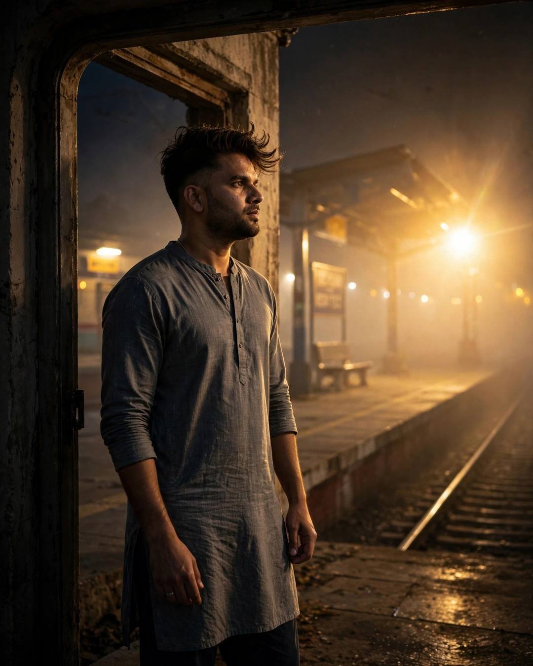 Young Indian man in a grey kurta standing half in shadow in a railway station doorway, golden backlight