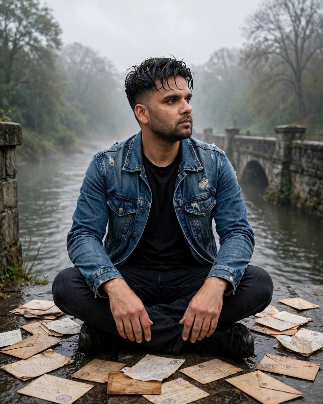 Young Indian man in a denim jacket sitting cross-legged among old letters on a misty river bridge