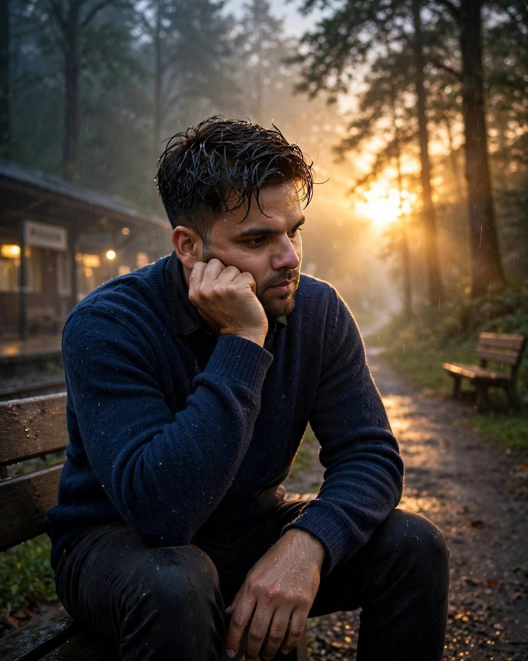 Young Indian man in a navy sweater sitting with head in hands on a misty forest-path station bench in golden light