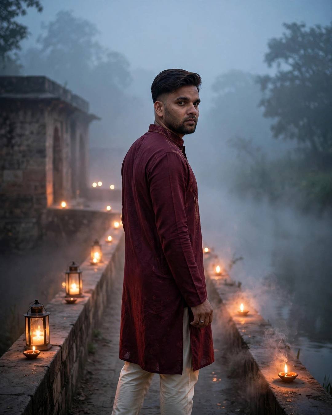 Young Indian man in maroon kurta walking a foggy candlelit stone bridge lined with diyas and lanterns