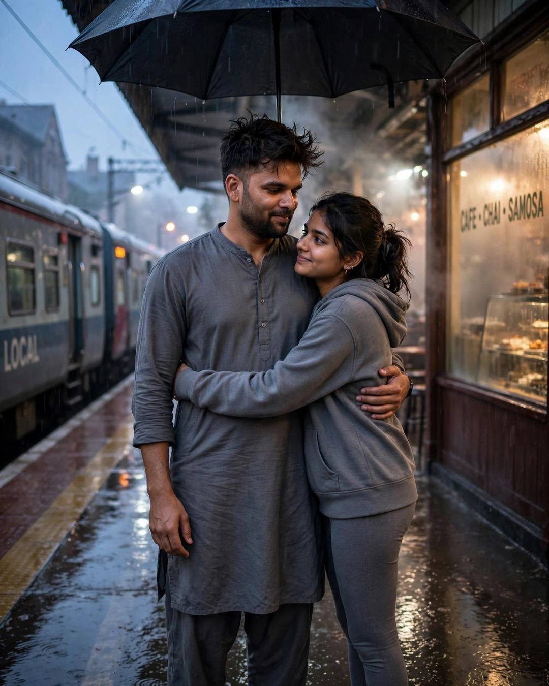 Young Indian couple hugging on a rainy platform outside a glowing chai café, man in grey kurta, woman in grey hoodie