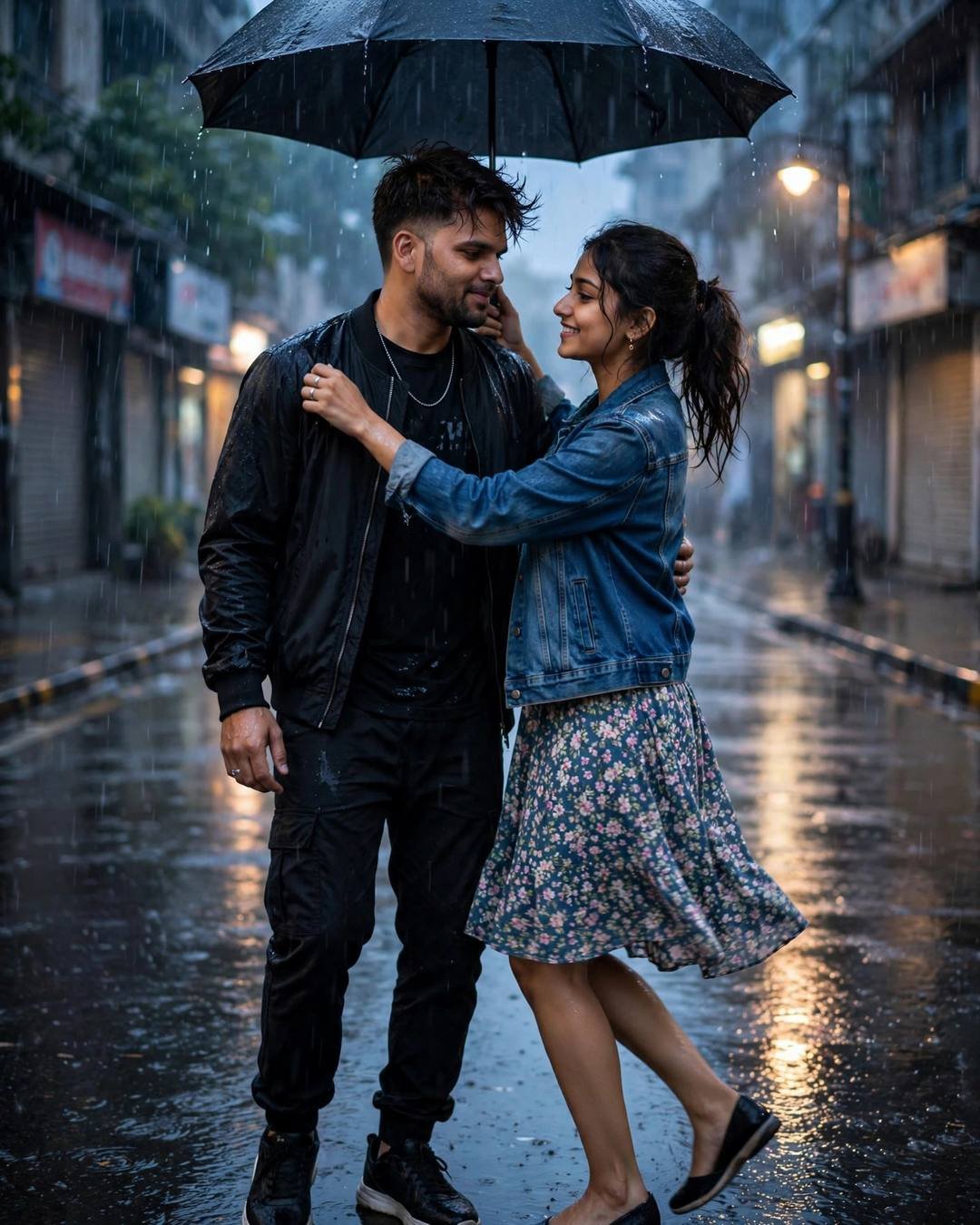 Young Indian couple slow dancing under one umbrella on an empty rainy street at night, streetlamps glowing