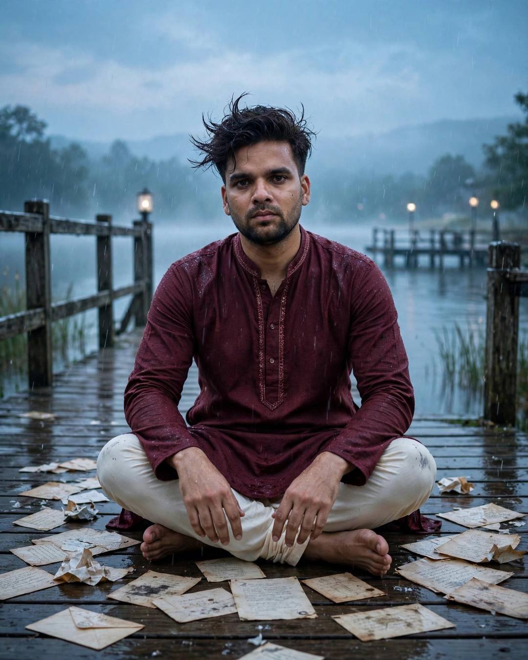 Young Indian man in maroon kurta sitting cross-legged on a wet wooden pier in the rain, surrounded by old letters