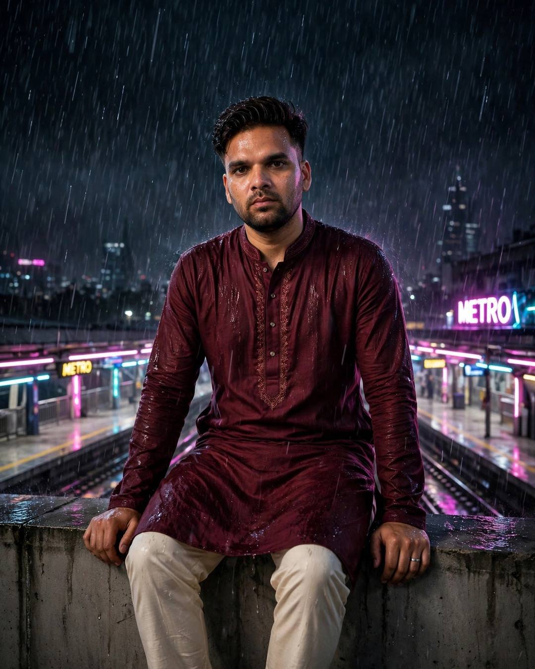 Young Indian man in soaked maroon kurta sitting on a ledge at a neon-lit metro station in heavy rain at night