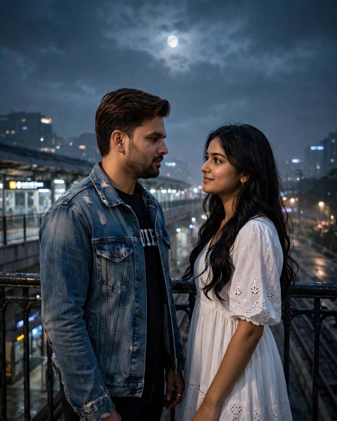 Couple facing each other on a metro footbridge at midnight under a full moon, denim jacket, white summer dress, blurred city lights