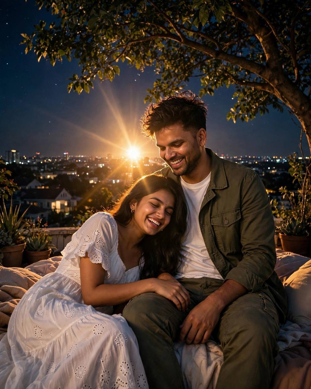 Laughing couple under a tree on a festival-lit rooftop at night, olive field jacket, white eyelet dress, golden lens flare behind