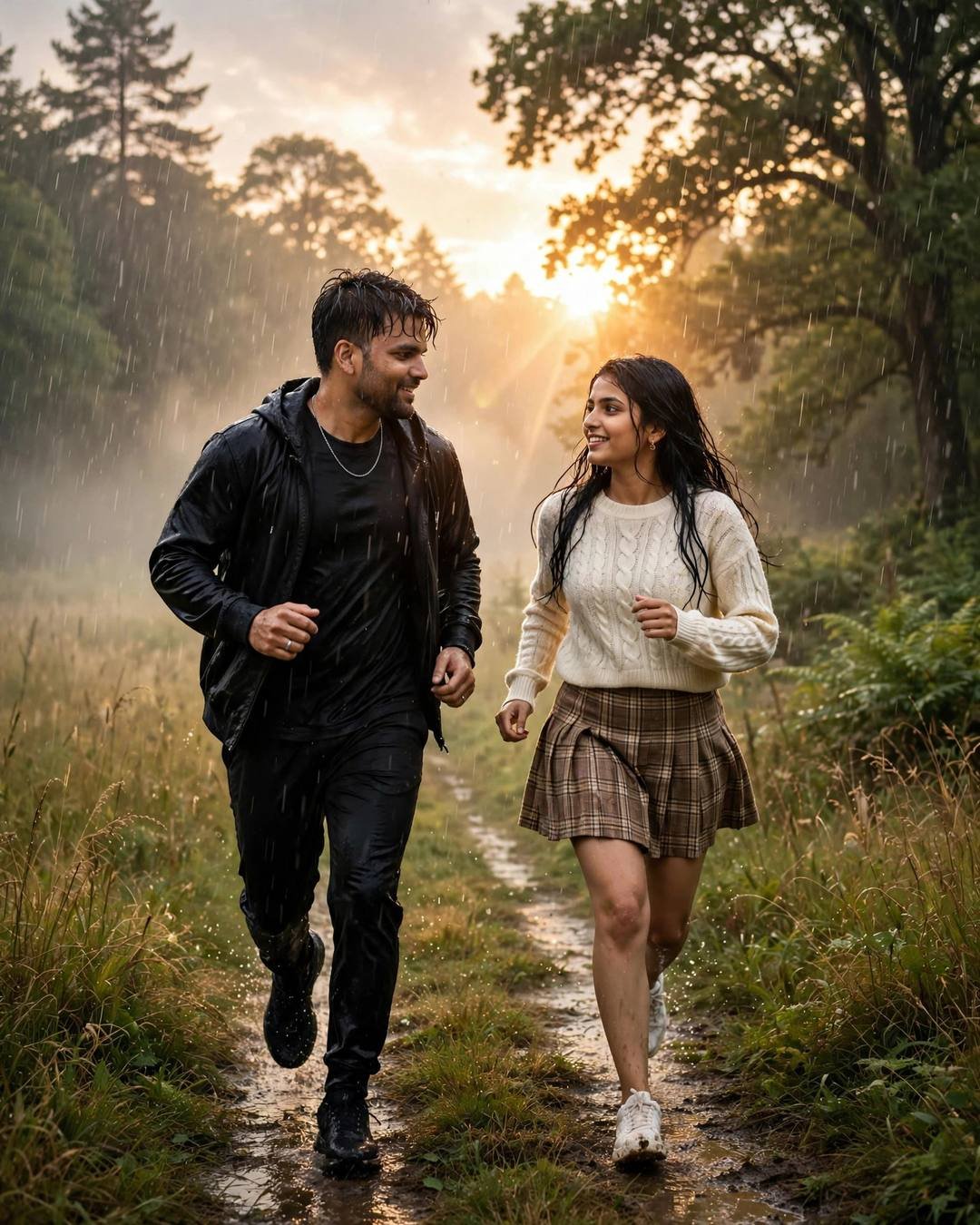 Young Indian couple in black streetwear and cream knit running toward each other on a rainy forest path in golden light