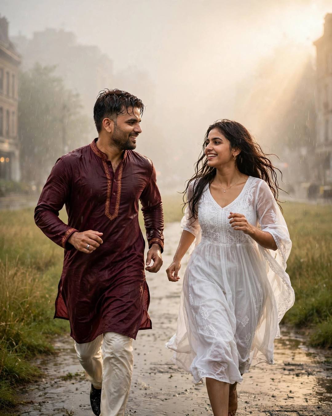 Young Indian couple in maroon kurta and white dress running toward each other on a rainy city street in dramatic light