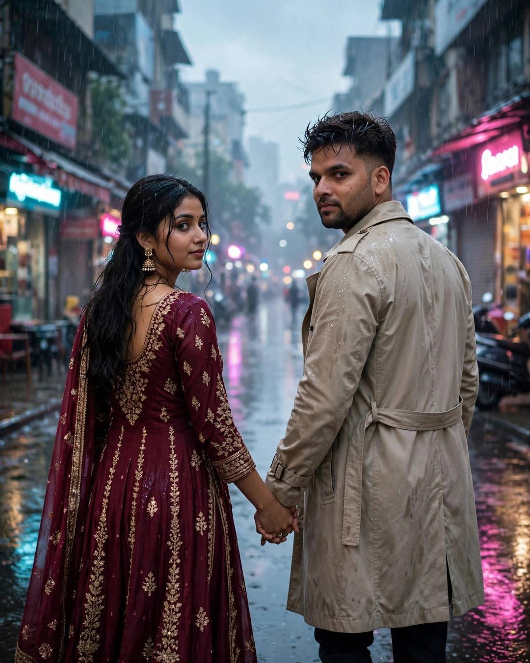 Young Indian couple walking hand in hand down a neon-lit rainy street, glancing back, woman in maroon anarkali, man in beige trench
