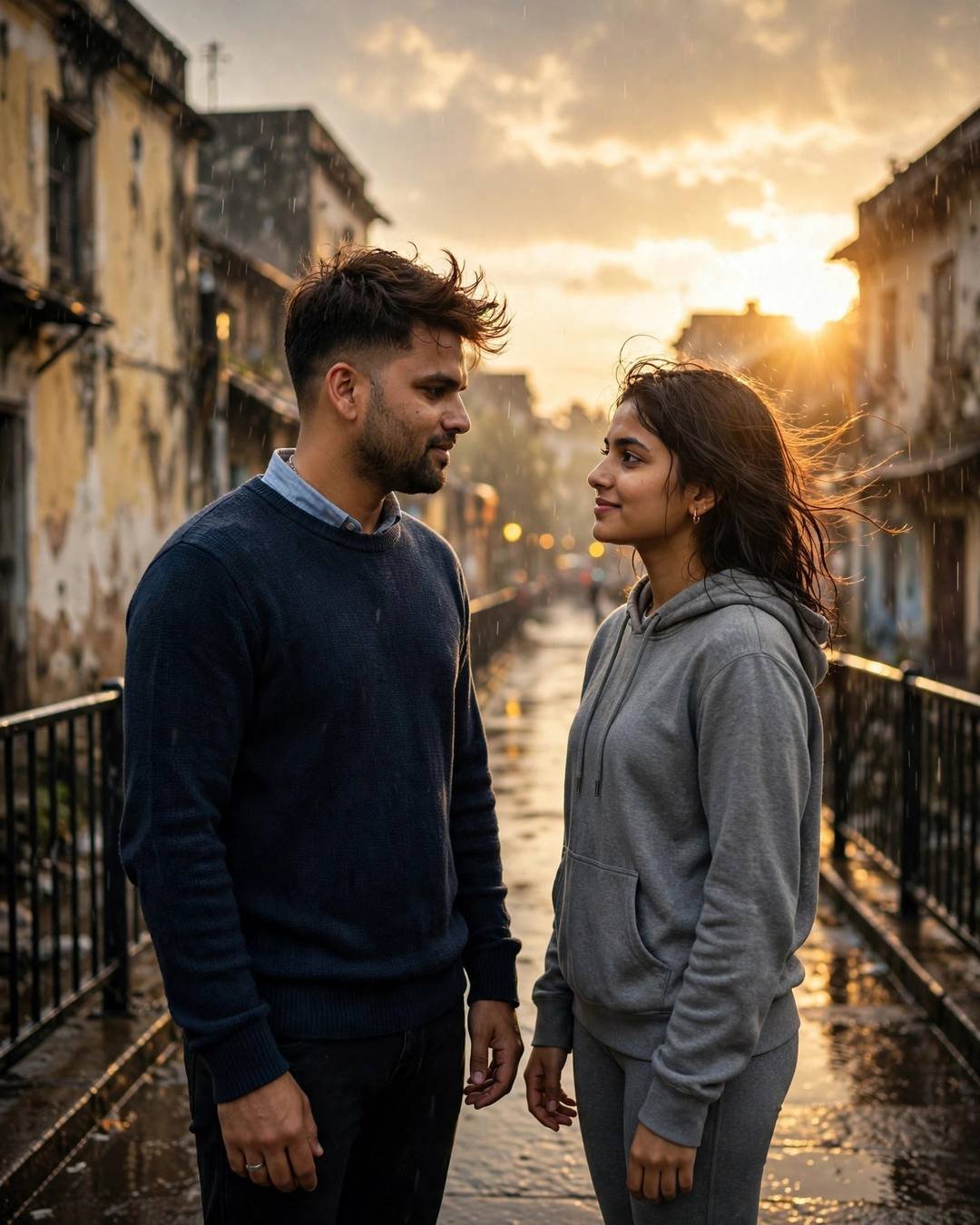 Young Indian couple facing each other on a rainy bridge at golden hour, city blurred behind them