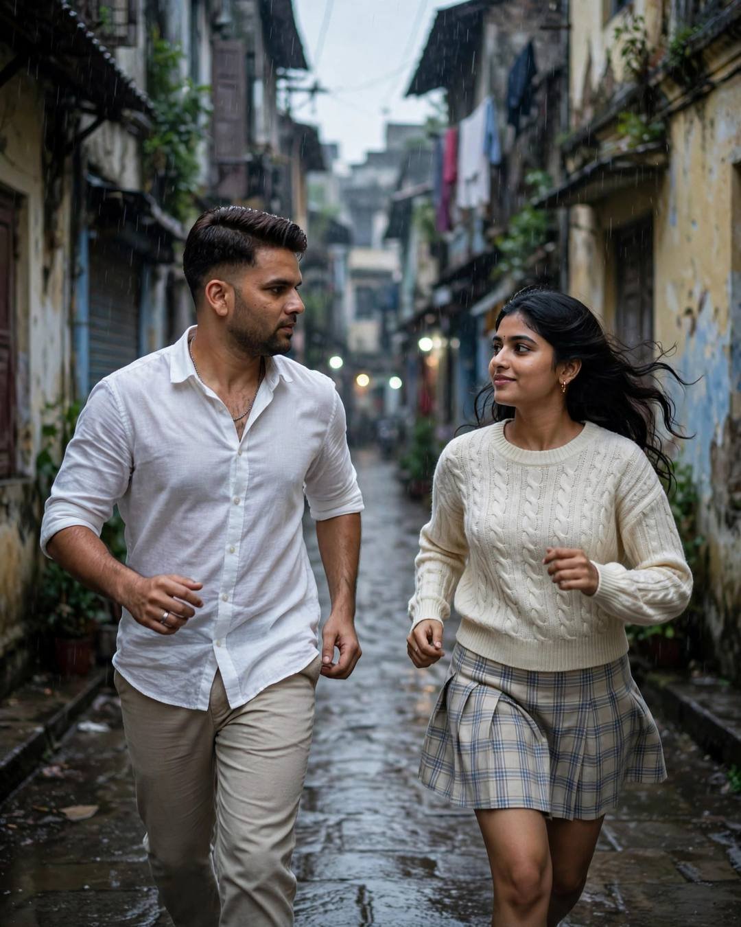 Young Indian couple running and laughing down a narrow rain-wet old-city lane with peeling walls