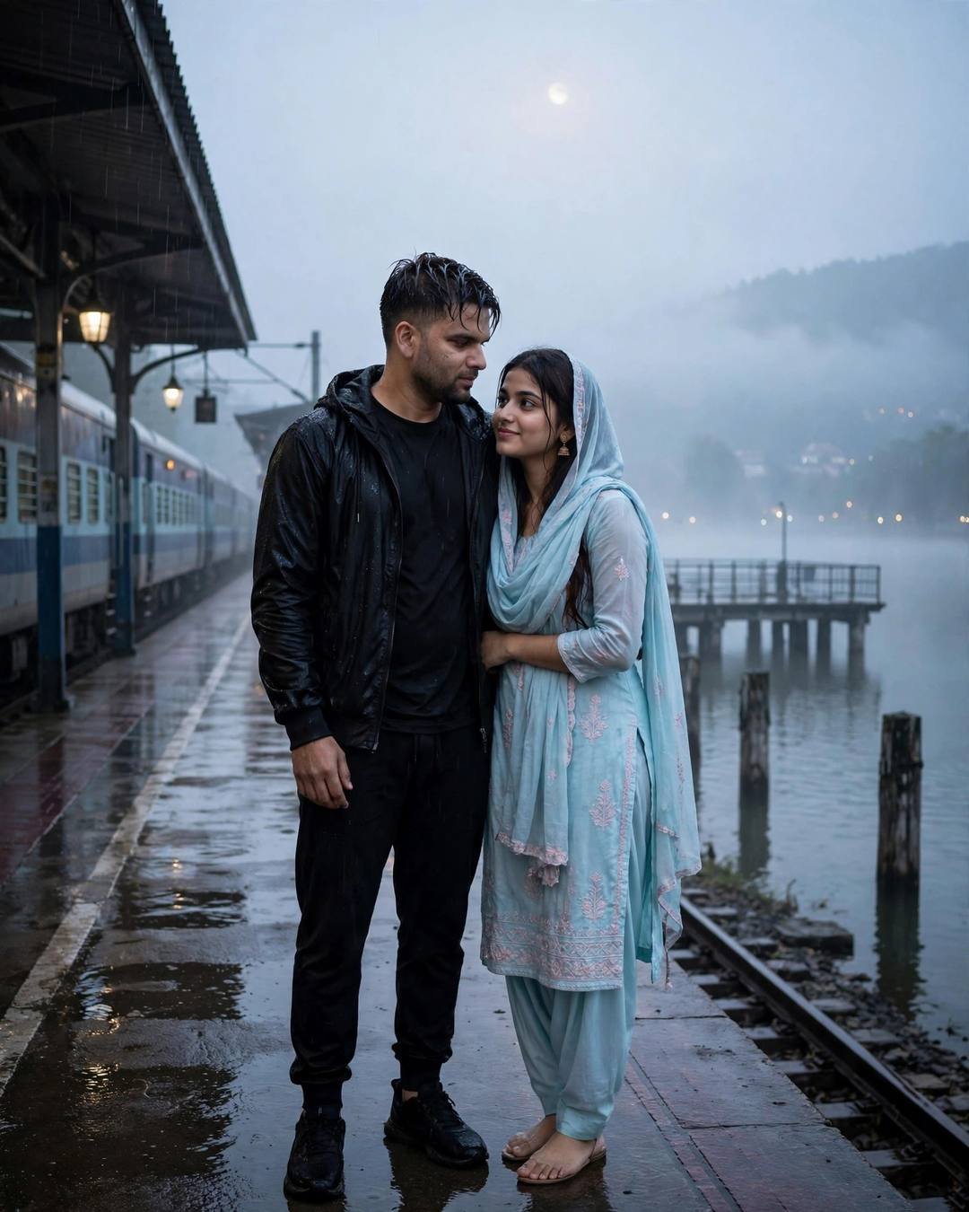 Young Indian couple standing close on a foggy railway platform beside a waiting train with moon overhead