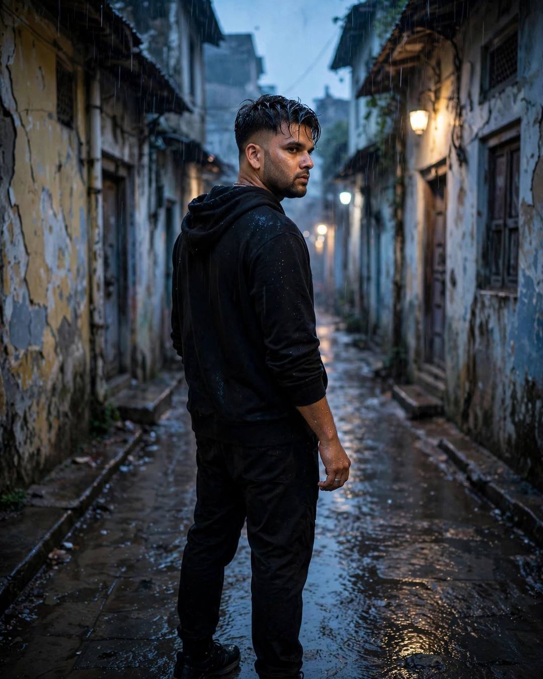 Man in all-black streetwear standing back to camera in a drizzling old-city lane, looking over his shoulder, peeling walls, blue-hour lamps