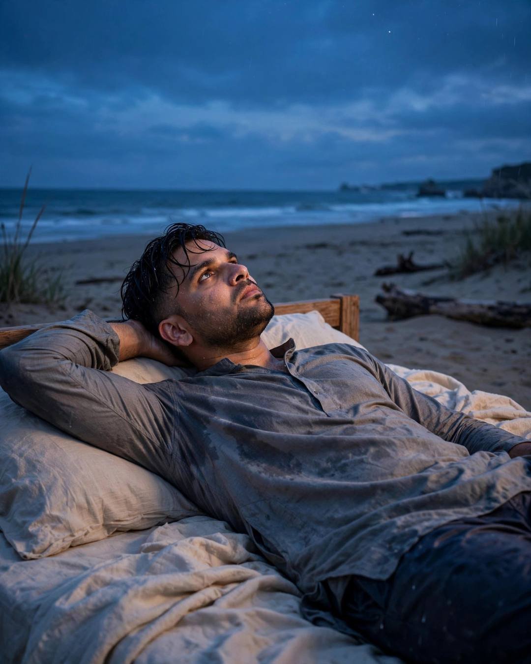 Man in a grey kurta lying on a daybed on a deserted beach at dusk, arm behind head, staring at the deep blue sky