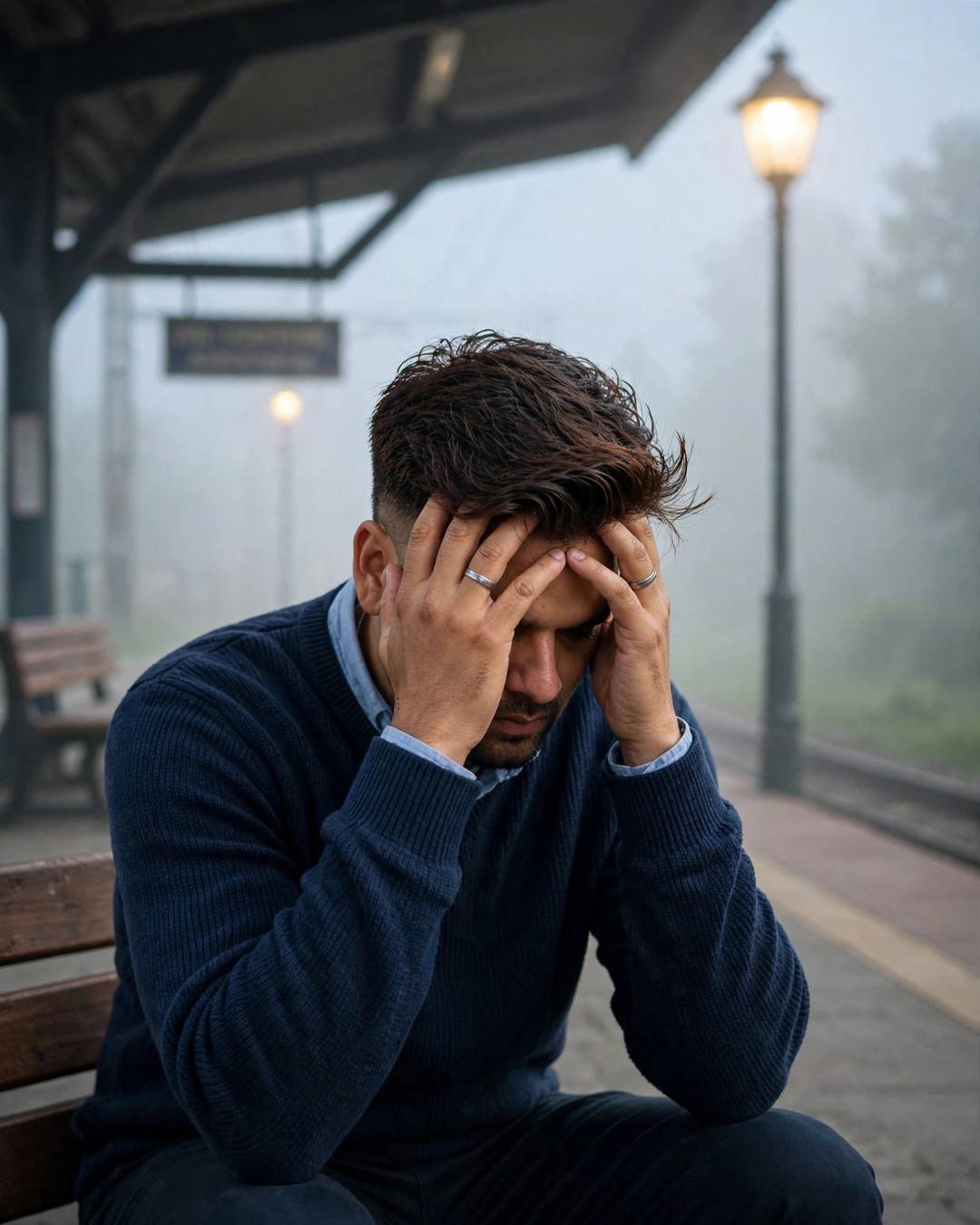 Young Indian man in a navy sweater sitting with head in hands on a station bench in fog at dawn