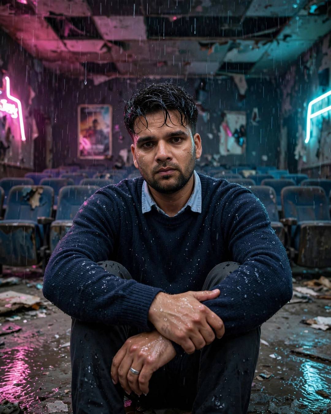 Young Indian man in a navy sweater sitting alone with knees drawn up in an abandoned cinema hall in the rain