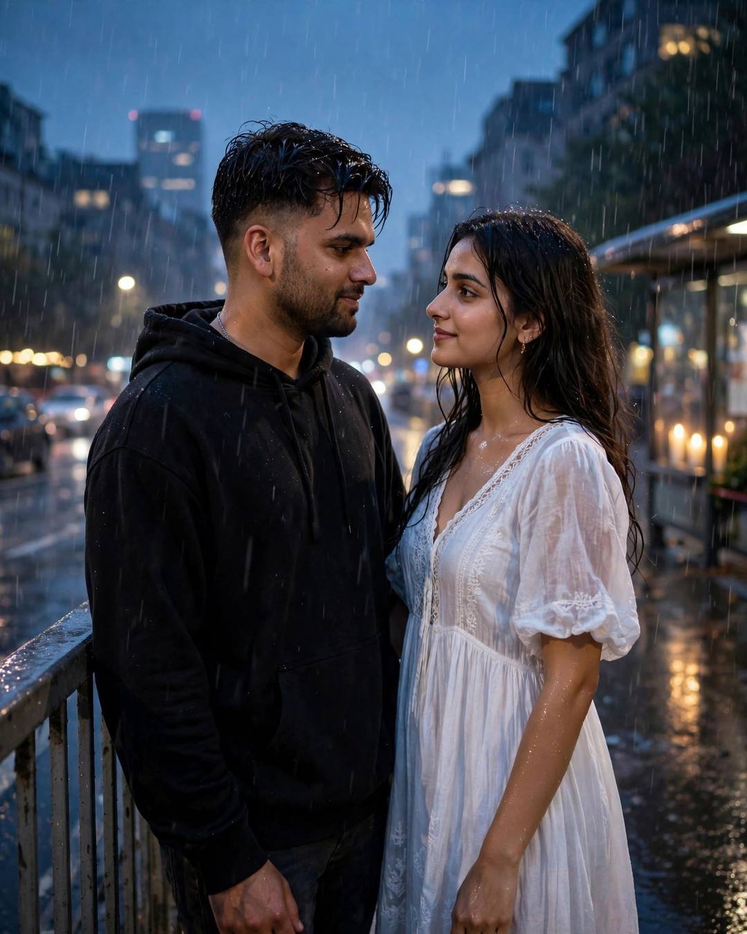 Young Indian couple standing on a rainy bridge at blue hour looking at each other, city lights blurred behind them