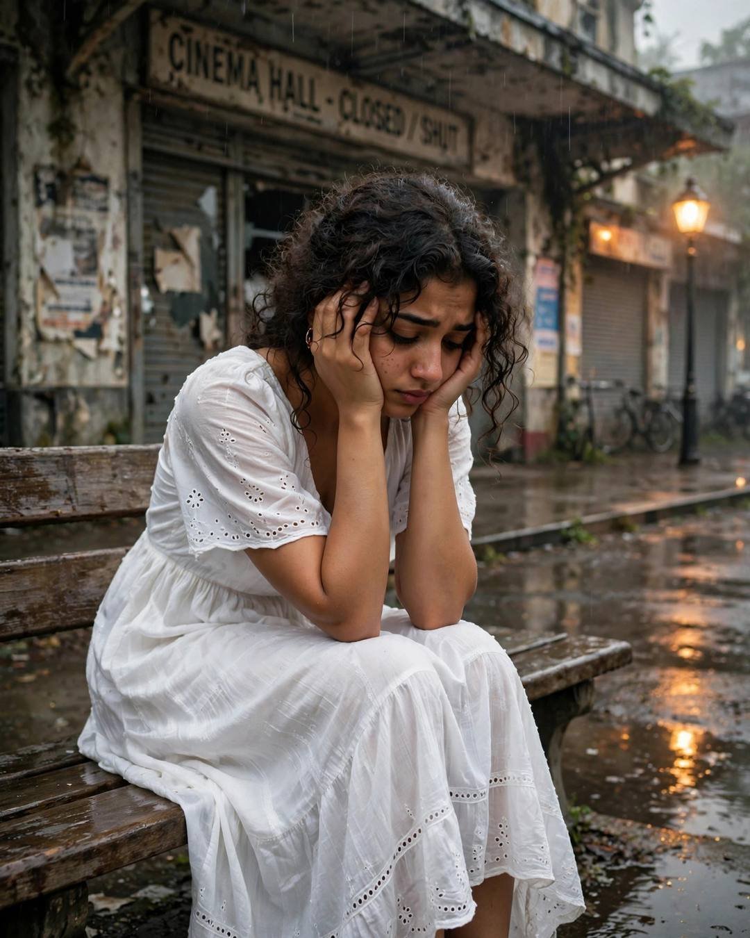 Young Indian woman in a white dress sitting with head in hands on a bench outside an abandoned cinema hall in the rain